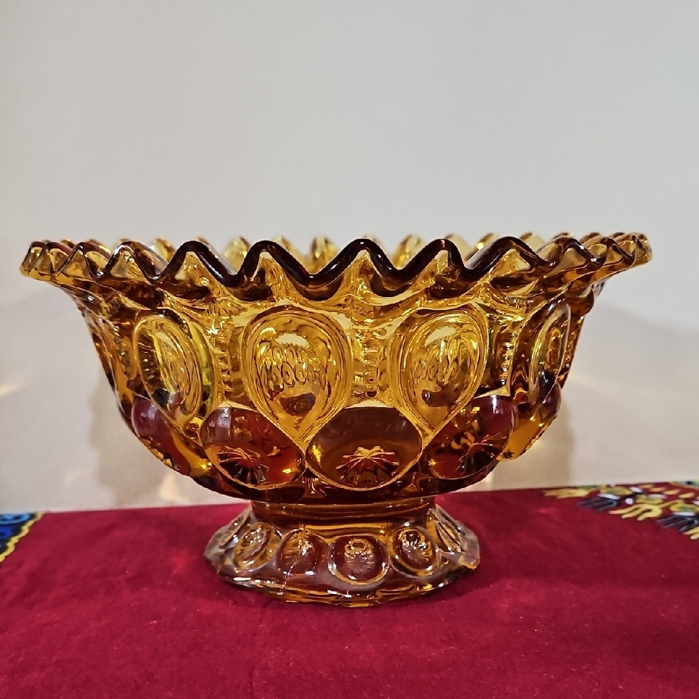 VTG L.E. Smith Moon & Stars Amber Glass Compote Pedestal Bowl